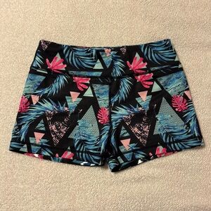 IAB MFG Blue Pink Tropical Geometric Print Athletic Booty Bike Shorts